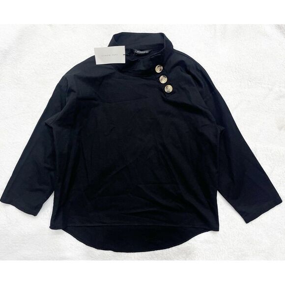 NWT! Zara Woman Mock Neck Linen‎ Blend Black Top XS X-Small Buttons $49.90 Cowl - Picture 1 of 5